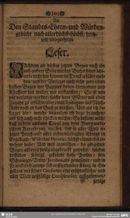 An Den Standes- Ehren- und Würdengebühr nach allerhöchst- höchst, hoch- und vielgeehrten Leser