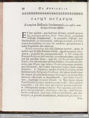 Caput Octavum. Exemplum Diffensus Fundamentalis, in nostris cum Ecclesia Romana diffidiis