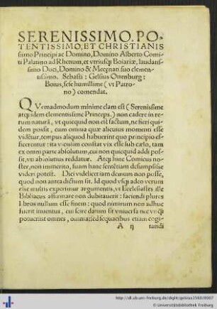Serenissimo Principi Alberto Comiti Palatino. Sebast: Gelsius comendat.