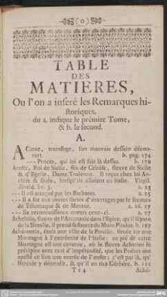 Table Des Matieres, Ou l' on a inferé les Remarques historiques