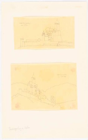 Burg Zwingenberg/Neckar: Zwei Blätter (Durchzeichnung?): Ansicht der Festung von Süden und von Südwesten