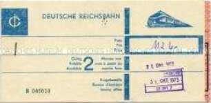 Fahrkarte der Deutschen Reichsbahn für eine Fahrt von Mannheim nach Karl-Marx-Stadt mit "Benutzungsbedingungen" in deutscher, englischer und französischer Sprache