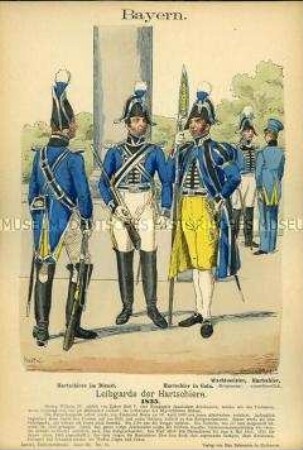 Uniformdarstellung, Gemeine und Wachtmeister der Hartschiere der Leibgarde, Königreich Bayern, 1835.