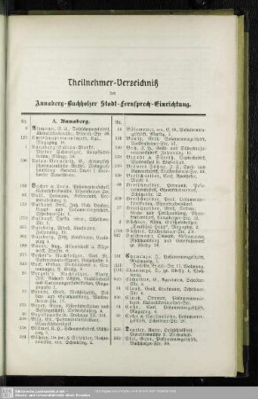 Theilnehmer-Verzeichniß der Annaberg-Buchholzer Stadt-Fernsprech-Einrichtung