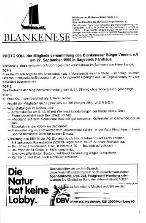 Protokoll der Mitgliederversammlung des Blankeneser Bürger-Vereins e. V. am 27. September 1990 in Sagebiels Fährhaus