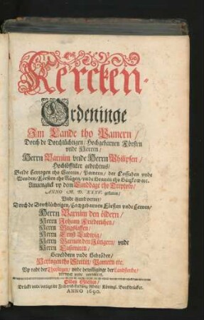 Kercken-Ordeninge Im Lande tho Pamern : [Gegeben Stockholm/ den 28. Iunii. Anno 1688.]