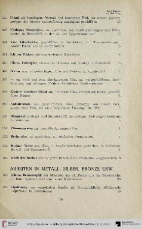 Arbeiten in Metall, Silber, Bronze usw. (Nr. 355-370)