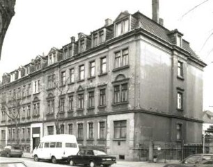 Dresden-Pieschen. Doppelwohnhaus, Trachenberger Straße 18/16, um 1890. Straßenansicht von Südwest