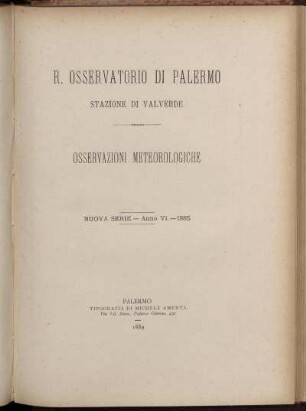 R. Osservatorio Di Palermo Stazione Di Valverde - Osservazioni Meteorologiche