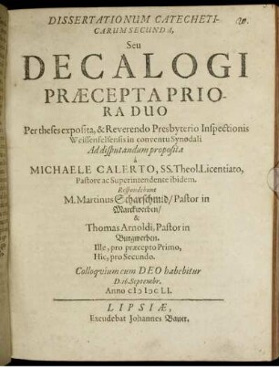 Dissertationum Catecheticarum Secunda, Seu Decalogi Praecepta Priora Duo