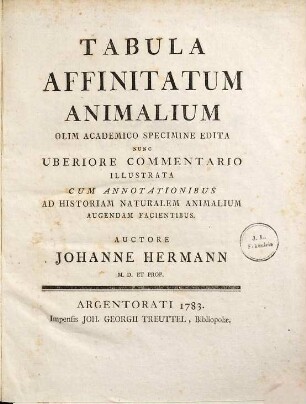 Tabula Affinitatum Animalium : Olim Academico Specimine Edita
