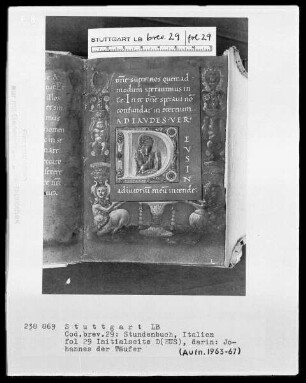 Lateinisches Stundenbuch (Franziskaner-Handschrift) — Gerahmte Initialseite, Folio 29recto