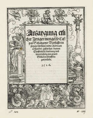 Schmuckrahmen mit dem zitherspielenden Engel, Titelblatt aus: "Anzaygung etlicher Irriger mengel", Nürnberg 1526