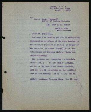 Brief aus London an Ralph Mc Allister Ingersoll, Erich Salomon bietet Bilder an