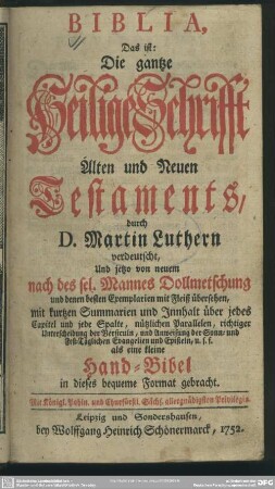 Biblia, Das ist: Die gantze Heilige Schrifft Alten und Neuen Testaments