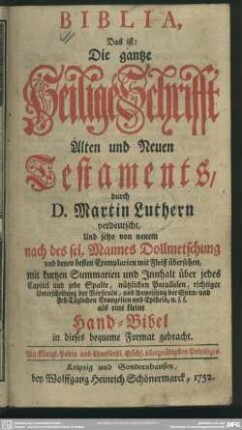 Biblia, Das ist: Die gantze Heilige Schrifft Alten und Neuen Testaments