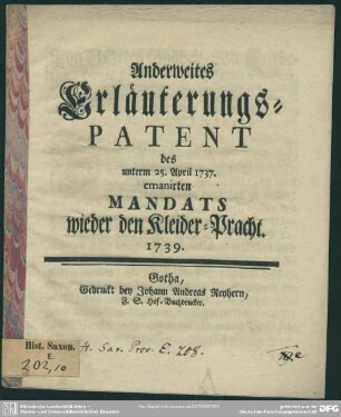 Anderweites Erläuterungs-Patent des unterm 25. April 1737. emanirten Mandats wieder den Kleider-Pracht