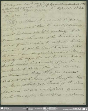 Eigenh. Brief von Alexander Johnston an August Wilhelm von Schlegel, London, 06.04.1824