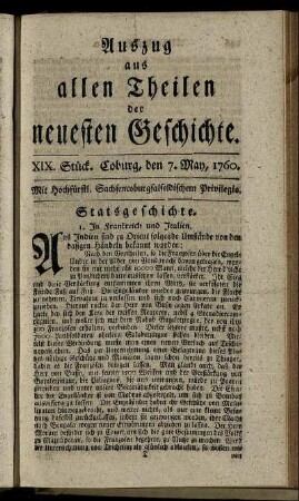 XIX. Stück. Coburg, den 7. May, 1760.