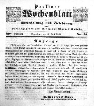 No. 26, Sonnabend, den 30. Juni 1849.