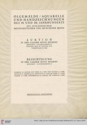 Ölgemälde, Aquarelle und Handzeichnungen des 19. und 20. Jahrhunderts aus ausländischem, mitteldeutschem und Münchener Besitz : Auktion ... 29. Januar 1932