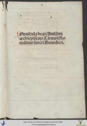 Opuscula beati Anselmi archiepiscopi Cātuariēsis ordinis sancti Benedicti