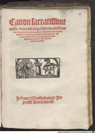 Canon sacratissime misse : vna cum Expositione eiusdem, vbi in primis premittitur pulchra co[n]templatio ante missam habe[n]da de Christi pulchritudine. Et quomodo ip[s]a in sua passione ab eo omnino fuerat ablata. Qualiterq[ue] quilibet celebra[n]s debeat esse dispositus