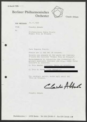 Brief an Fedra Florit an Premio Trio di Trieste, 10.11.1995