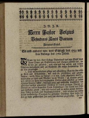 Herrn Pastor Bolzius Besonderes Amts Diarium