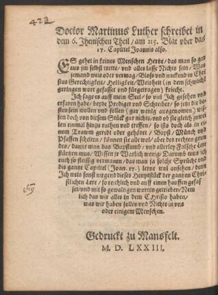 Doctor Martinus Luther schreibet in dem 6. Jhenischen Theil ...