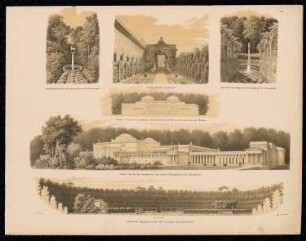 Landhaus bei Charlottenhof, Potsdam: Vorderansicht und Seitenansicht, drei Gartenpartien, Hippodrom (aus: Sammlung Architektonischer Entwürfe, Berlin 1858)