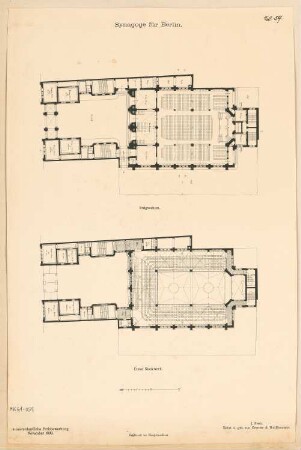 Synagoge, Berlin Monatskonkurrenz Oktober 1888: Grundriss Erdgeschoss, 1. Obergeschoss; Maßstabsleiste
