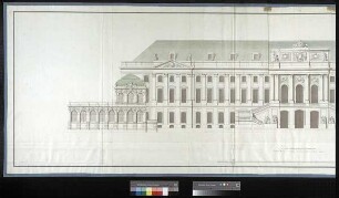 Aufriss der Eingangsseite mit Anschluss an den Zwinger, mit drei Tekturen