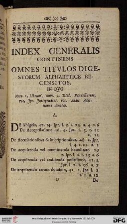 Index generalis continens omnes titvlos digestorum alphabetice recensitos, in qvo
