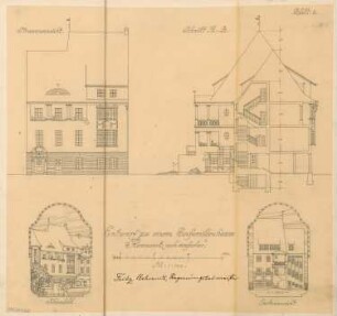 Einfamilienhaus Monatskonkurrenz Dezember 1905: Aufriss Vorderansicht, Gartenansicht, Längsschnitt 1:100; perspektivische Ansicht; Maßstabsleiste