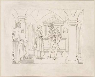 Zu Shakespeares "Die lustigen Weiber von Windsor", Blatt 7, 3. Akt, 4. Szene. Anna und Fenton im Gemach