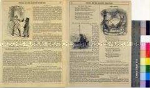 Seite mit Karikaturen aus dem "Punch" auf die unentschlossene Haltung Preußens im Krimkrieg, auf das Jahrestreffen der britischen Archäologen sowie auf das Rauchen (in englischer Sprache)