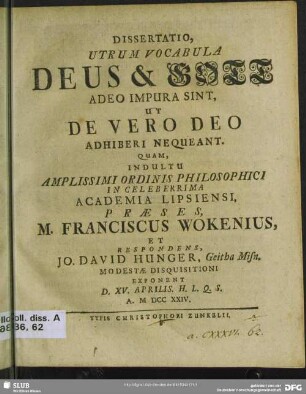 Dissertatio, Utrum Vocabula Deus & Gott Adeo Impura Sint, Ut De Vero Deo Adhiberi Nequeant