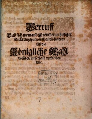 Verruff daß sich niemand fremder in hiesiger Stadt Augsburg auffhalten ... solle