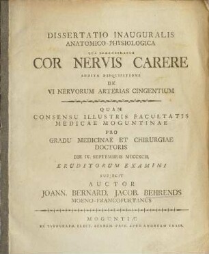 Dissertatio Inauguralis Anatomico-Phisiologica Qua Demonstratur Cor Nervis Carere