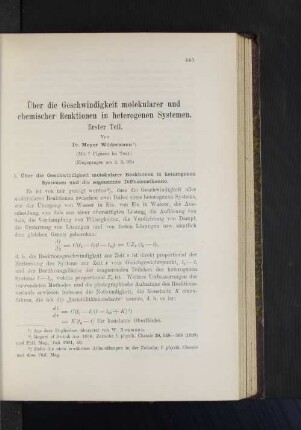 Über die Geschwindigkeit molekularer und chemischer Reaktionen in heterogenen Systemen.
