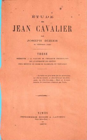 Étude sur Jean Cavalier par Joseph Dizier : Inaug. Dissert.