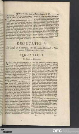 Disputatio V. De Causa in Communi, & de Causa Materiali, Formali, & Efficiente in Particulari.