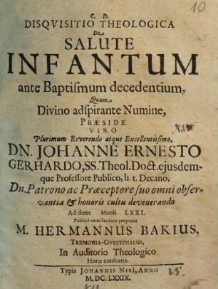 Disquisitio Theologica, De Salute Infantum Ante Baptismum Decedentium