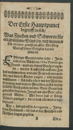 Der Erste Hauptpunct begreifft in sich/ Was Fluchen und Schweren für ein grausame Sünd sey ...