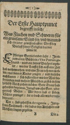 Der Erste Hauptpunct begreifft in sich/ Was Fluchen und Schweren für ein grausame Sünd sey ...