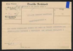 Brief von Wilhelm Ercklentz und Irmgard Ercklentz an Gerhart Hauptmann