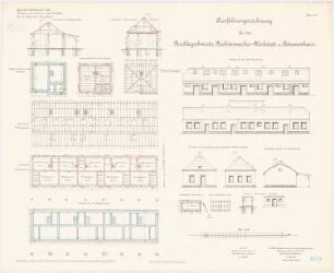 Kavalleriekaserne, Mülhausen: Beschlagschmiede: Grundriss Fundamente, Erdgeschoss, Sparrenlage, Aufriss Nordansicht, Südansicht, Westansicht, Querschnitt 1:100. Büchsenmacherwerkstatt: Grundriss Erdgeschoss, Sparrenlage, Aufriss, Schnitt 1:100. Patronenhaus: Grundriss Erdgeschoss, Sparrenlage, Aufriss, Schnitt 1:100