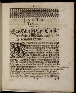 Textus. I. Johann: I, 7. Das Blut Jesu Christi/ des Sohns Gottes/ machet uns rein von aller Sünde