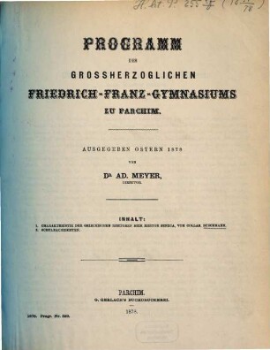 Programm des Grossherzoglichen Friedrich-Franz-Gymnasiums zu Parchim : ausgegeben Ostern .., 1877/78